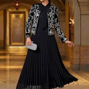 Elegant Black and White Embroidered Dress with Clutch